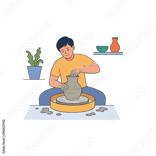 A man skillfully shapes clay on a potter's wheel indoors.