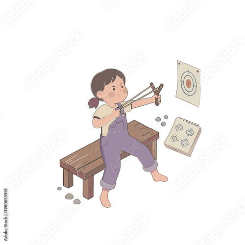 Young girl sitting on bench shooting slingshot at target with scorecard