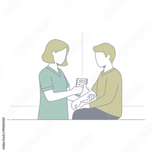 Nurse measures patient's temperature with infrared thermometer, medical checkup, healthcare concept