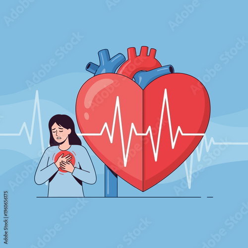 Woman with chest pain near large heart symbol with ECG line, heart attack concept
