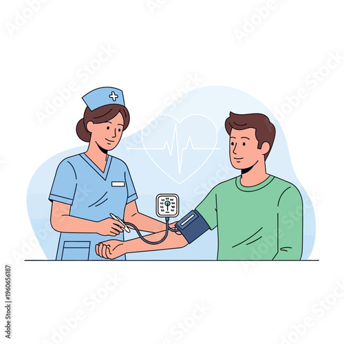 Nurse measuring patient's blood pressure with sphygmomanometer, healthcare concept