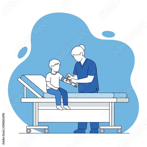 Nurse taking blood sample from child's arm in clinic examination room