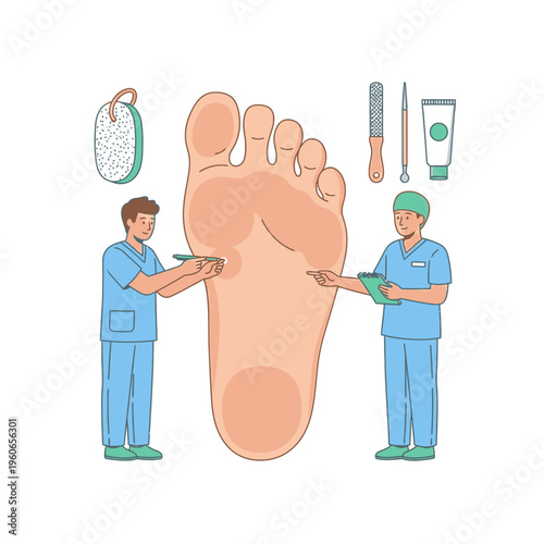 Podiatrists examining a giant foot with medical tools, foot care concept