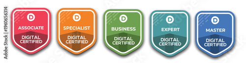 Certified shield badge illustration set, colorful vector logos for company training certificates, security approval labels, and professional accreditation branding.
