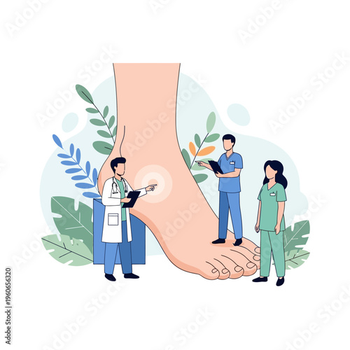 Podiatry Care: Doctors Examine Giant Foot with Skin Issue, Medical Illustration
