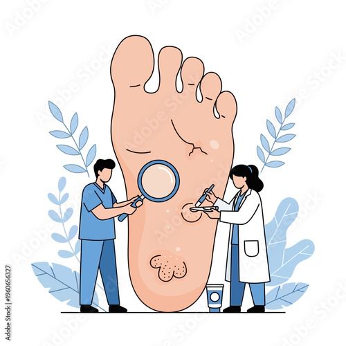 Podiatry Exam: Doctors Inspecting Large Foot for Skin Conditions and Warts with Magnifying Glass