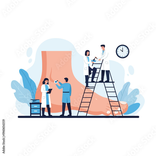 Podiatry Team Examining Giant Foot with Medical Instruments and Clock