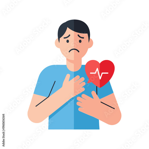 Sad man with chest pain and heart symbol, health problem, cardiology concept