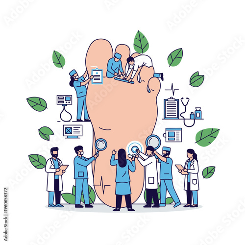 Podiatry Team Examining Giant Foot with Medical Tools and Leaves