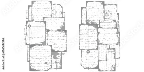Collage of vintage parchment paper fragments featuring intricate handwritten cursive script text