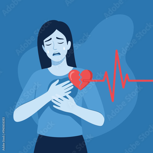Sad Woman with Broken Heart and Heartbeat Line - Emotional Pain and Heartbreak Concept