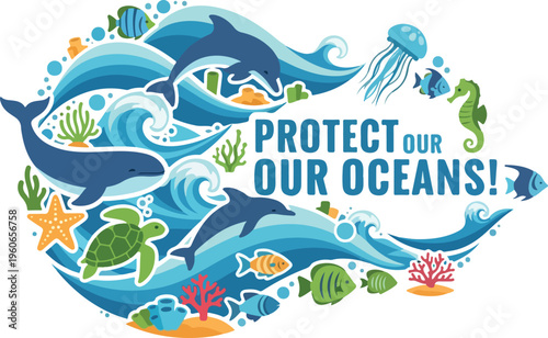 Protect Our Oceans! - A Vibrant Illustration Depicting Marine Life and Waves