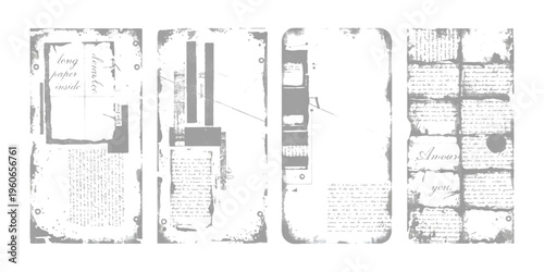 A collection of four artistic vintage paper collage elements with distressed textures and writing