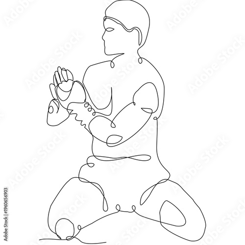 Minimalist one-line Muay Thai fighter performing Wai Kru ritual pose, expressing respect, tradition, and strength. Clean vector style ideal for print, textile, and modern cultural design.