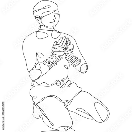 Minimalist one-line Muay Thai fighter performing Wai Kru ritual pose, expressing respect, tradition, and strength. Clean vector style ideal for print, textile, and modern cultural design.