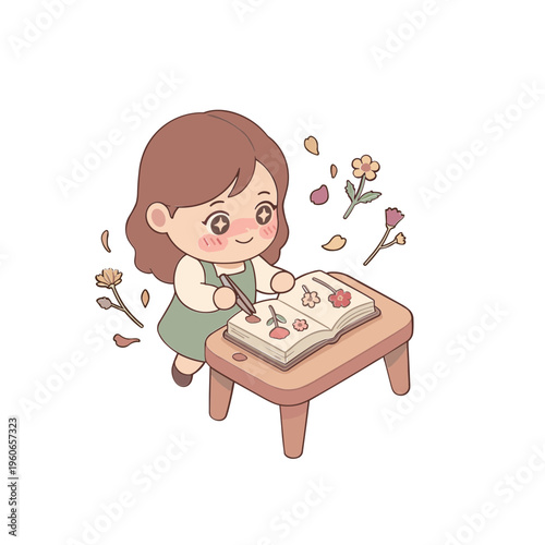 A girl sits at a wooden table, cutting flowers with a knife.