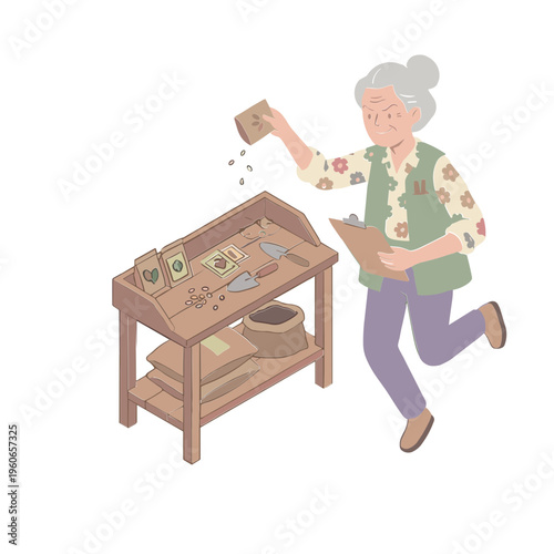 An elderly woman is pouring seeds from a pot onto a wooden table in a garden.