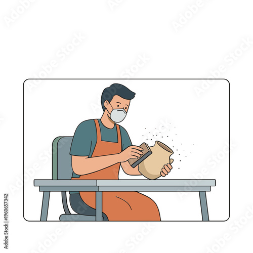 Man in apron and mask working on pottery at a table indoors