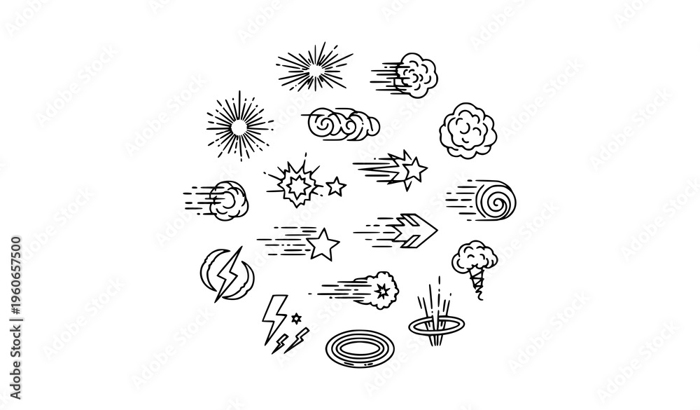 Fototapeta premium Minimal Line Icons of Explosion Speed and Energy Effects in Circular Layout Vector Collection