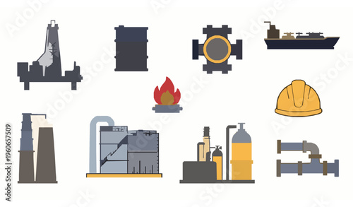 Modern Oil and Gas Industry Icon Set with Drilling Equipment Fuel Symbols and Industrial Elements