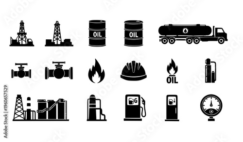 Oil and Gas Industry Icons Set with Drilling Rig Barrel Tanker and Industrial Silhouette Symbols