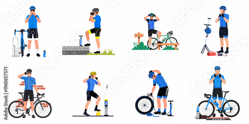 Set of flat illustrations featuring a male cyclist preparing for a ride, showing bike maintenance, safety gear, and race day readiness.