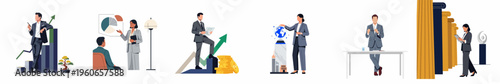 Collection of professional business characters in various corporate scenarios including data analysis, global strategy, financial growth, and leadership presentations.