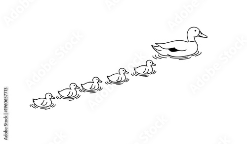 Duck with Ducklings Swimming in Dynamic Diagonal Layout Simple Outline Vector Icon