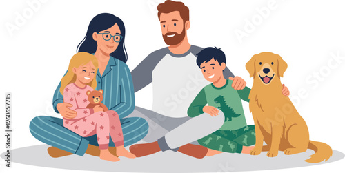 A family with a dog and kids sitting on the floor indoors together