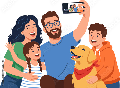 Family taking selfie with dog at home happily smiling