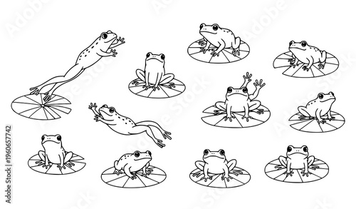 Cute Frog Doodle Collection with Lily Pads in Dynamic Layout Simple Outline Vector Illustration