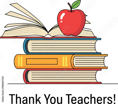 A stack of books with an apple on top, symbolizing knowledge and appreciation for educators, perfect for expressing gratitude