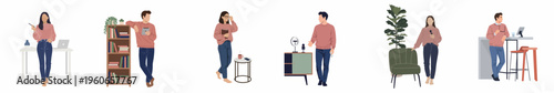 Set of diverse professional people in minimalist home office and living room settings, flat vector illustration style.