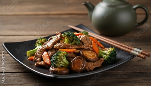 Delicious Beef and Broccoli Stir-Fry with Mushrooms and Carrots on a Rustic Wooden Table.