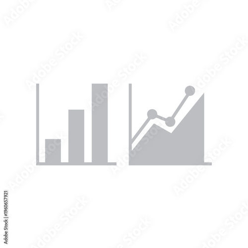Monochrome gray pair of statistical charts featuring a rising line graph alongside ascending vertical bars for data charting.