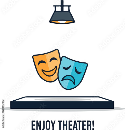 Symbolic representation of theater masks symbolizing joy and sadness illuminated by a spotlight, with the text 'ENJOY THEATER!'