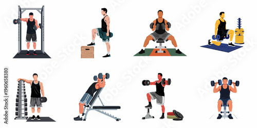 Set of eight vector illustrations showing men performing various strength training exercises with dumbbells in a gym setting.