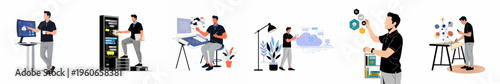 Set of flat illustrations featuring an IT professional working on cloud computing, server maintenance, system architecture, and modern technology solutions.