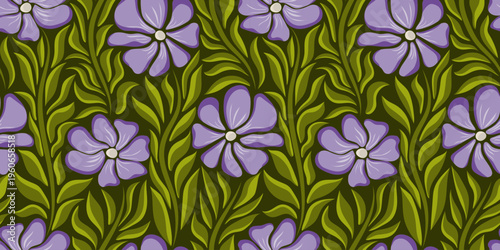 Purple periwinkle flowers seamless pattern on dark background. Vintage groovy aesthetic floral design. Ditsy flower power print. Great for fabric, textiles, wrapping paper and wallpaper