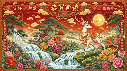 Traditional chinese new year featuring a white deer standing by a waterfall with blooming peony flowers