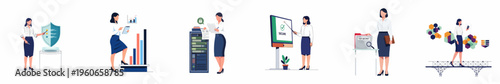 Flat illustration series of a business woman handling data security, server management, analytics, and confidential information in a corporate office environment.