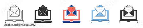 Laptop receiving new message notification icon set, illustrating online communication, digital mail, and incoming electronic correspondence for various digital interface designs