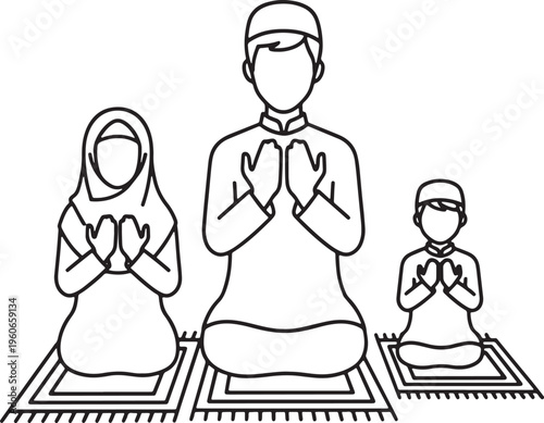 Muslim Family Praying Together Islamic Salat Prayer Vector Icon - Father Mother Child Worship on Prayer Rug, Religious Islam Spirituality Illustration, Line Art Style