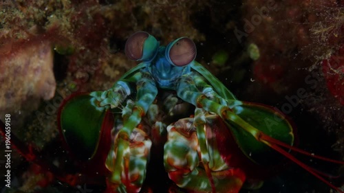 Macro underwater shot of a mantis shrimp watching from its hole. Detailed eye movement highlights one of the ocean’s most fascinating animals. Tulamben, Bali, Indonesia.