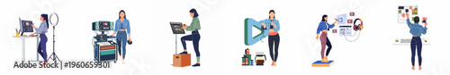 A set of flat vector illustrations depicting a professional female video editor and content creator engaged in various multimedia and digital production tasks.