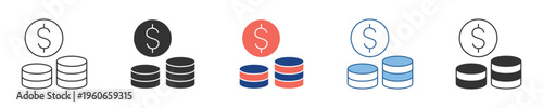 Versatile stack of dollar coin icons in multiple styles outline, solid, and color, representing financial concepts, savings, and investment
