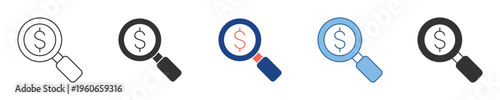 Collection of Magnifying Glass Icons with Dollar Symbol for Financial Search, Cost Analysis, and Investment Planning Concepts