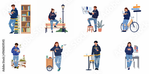 Set of illustrations featuring students using tablets and smartphones for online learning, social media, and communication in diverse daily life scenarios.
