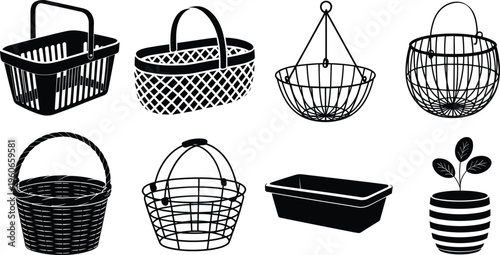 Silhouette collection of baskets and containers, woven and wire designs, planter illustration, household storage inspiration, decorative accessory artwork