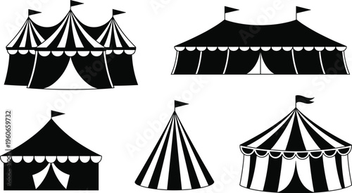 Silhouette collection of circus tents, striped big top designs, carnival artwork, festival inspiration, entertainment event illustration